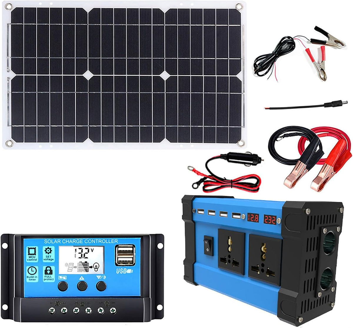 PAAWBW Panneaux solaire monocristallins, 12 V, Kit Solaire Complet: onduleur 6000W + Panneau 18W 18V avec contrôleur Double Tension