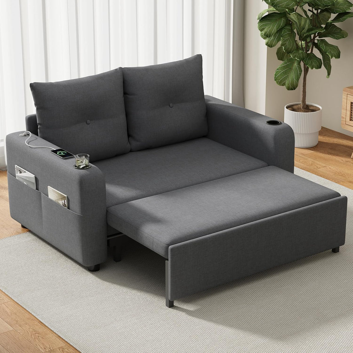 Canapé, 131 × 187 × 94 cm, Avec fonction de couchage, Tissu en lin, Merax, 131 × 81 × 94 cm, 187 cm, 2 porte, port USB et poches latérales