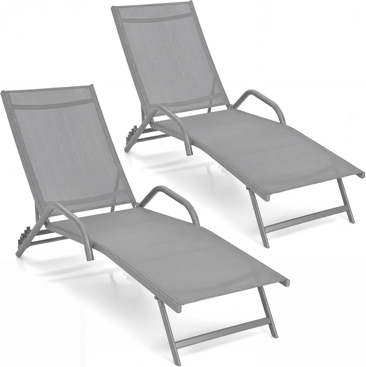 Bain de soleil, 5 niveaux, réglable, COSTWAY, Lot de 2 Bains de Soleil Inclinables à 5 Positions, Gris