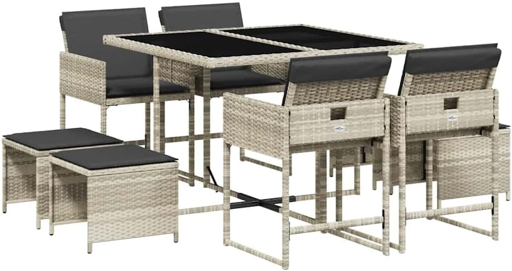 Ensemble salle à manger, Ensemble à Manger de Jardin avec Coussins 9 pcs, Gris Clair Résine Tressée, vidaXL, Table et Chaise de Terrasse