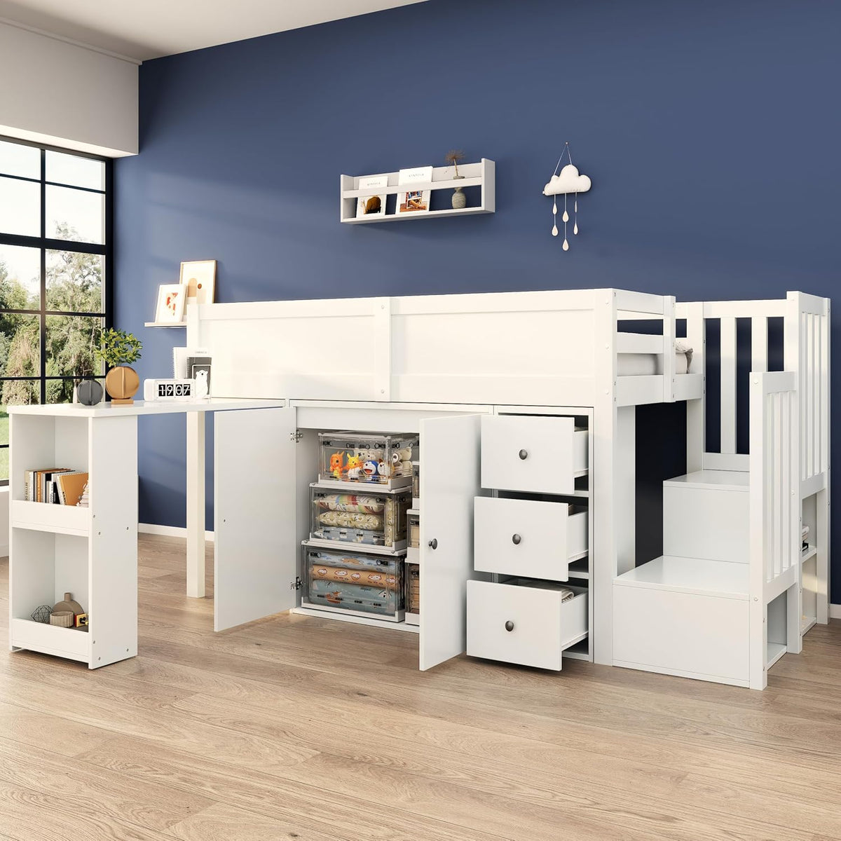 Lit, 90 × 200 cm, Sapgaks, 3 cm, Blanc-4, 3 tiroir, 250 × 181 × 111cm, Compartiment de Rangement latéral, Placard, Placard escalier