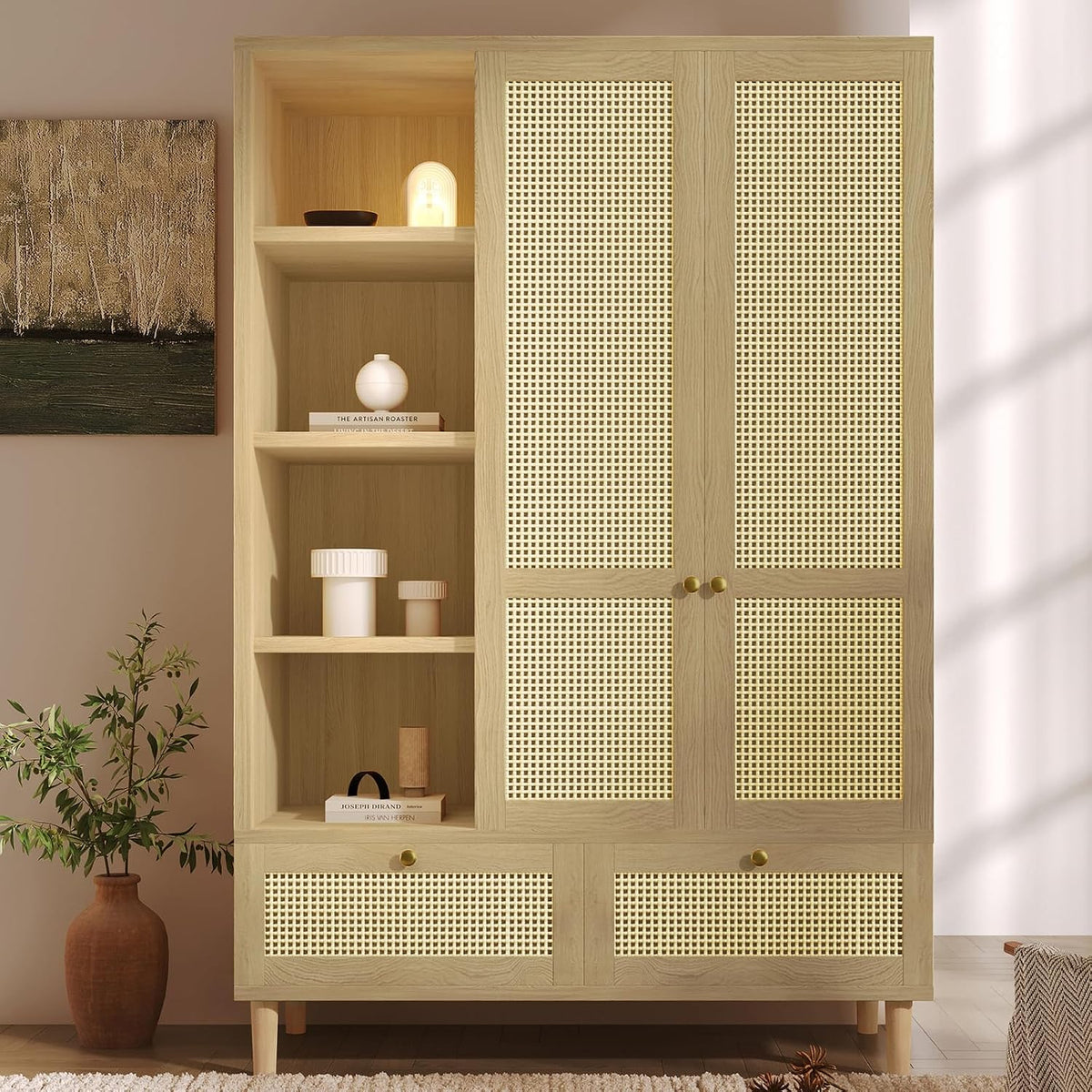 Armoire Yihomfy Oak-1, 120 × 50 × 180 cm, avec Couvercle inférieur Rabattable, Chambre, 2 Portes, Filet en rotin, Salon