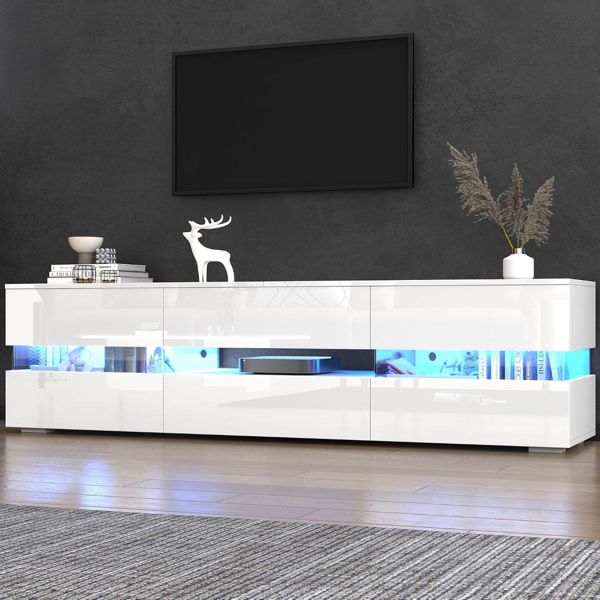 Meuble TV, verre, 70 Pouces, éclairage LED, pour Téléviseurs de Moins 70 Pouces, Yihomfy, 160 cm, 39 cm, 45 cm, Blanc-04W, 160 × 39 × 45cm