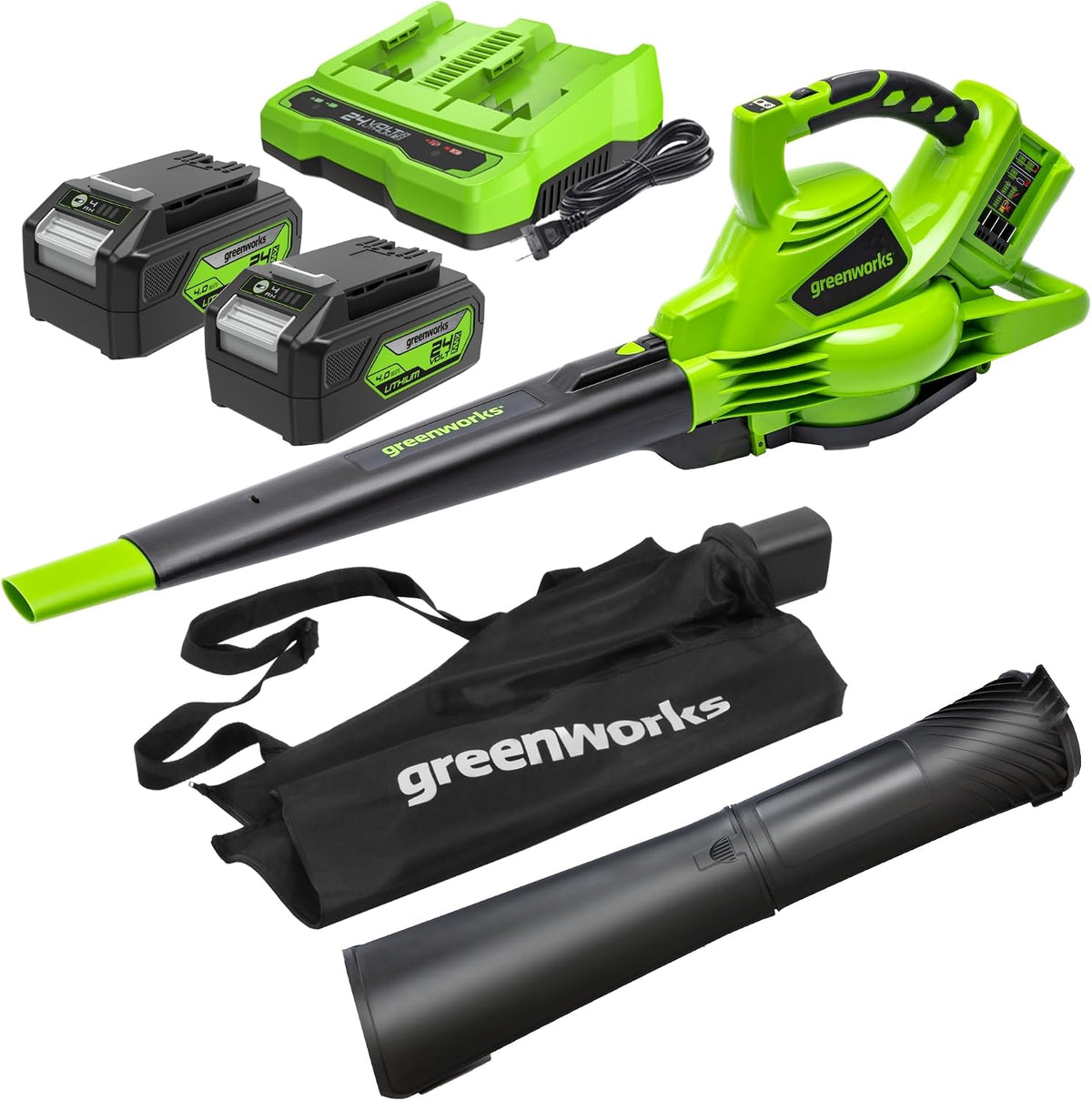 Souffleur de feuilles, Moteur Sans Balais, 24V, Greenworks, 45L, 4Ah, 48V, 540m3/h, 24V x 2, 322km/h, 9m3/min, Sac Mulching 45L, Chargeur