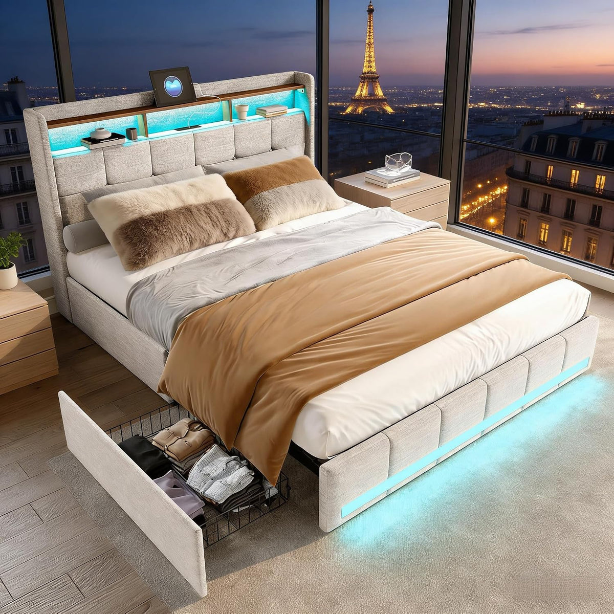 Cadre de lit, télécommande, 2 USB & 1 Type-C, Lin Respirant pour Chambre ou Studio, BRYXR, 4 Tiroirs, éclairage LED, Tête de Lit avec Étagère