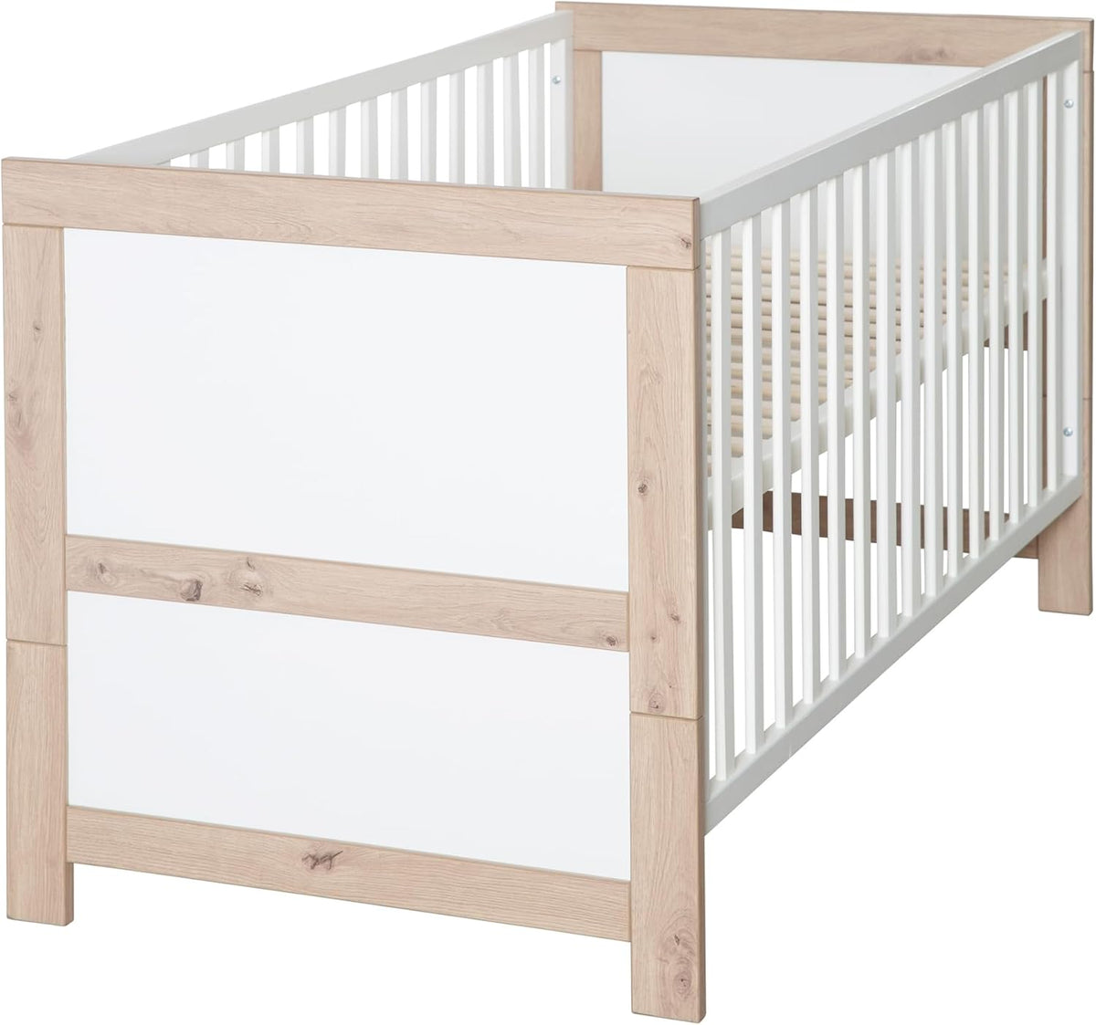 Lit roba, 70 × 140 cm, Bois Blanc/Décor Chêne Clair, réglable, 50 kg, 82 cm, 3 niveaux, Jusqu'à 50 kg, 0 à 7 Ans, Hauteur Réglable