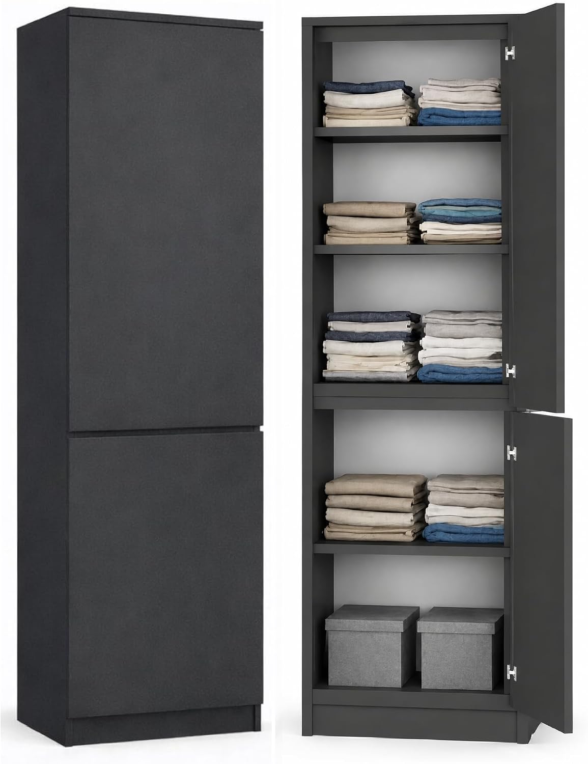 Armoire, 180, 5 × 50 × 40 cm, penderie avec 2 portes et 5 compartiments, pour bureau et maison, KUBUTKU, 16 mm, 50 cm, 180, 5 cm, gris graphite