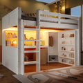 Cadre de lit, Lit Mezzanine 2 Places avec éclairage LED, Bureau, EURHCIO, 140 × 200cm, 3 Tiroirs, 11 étagères, Blanc, commande tactile, Penderie