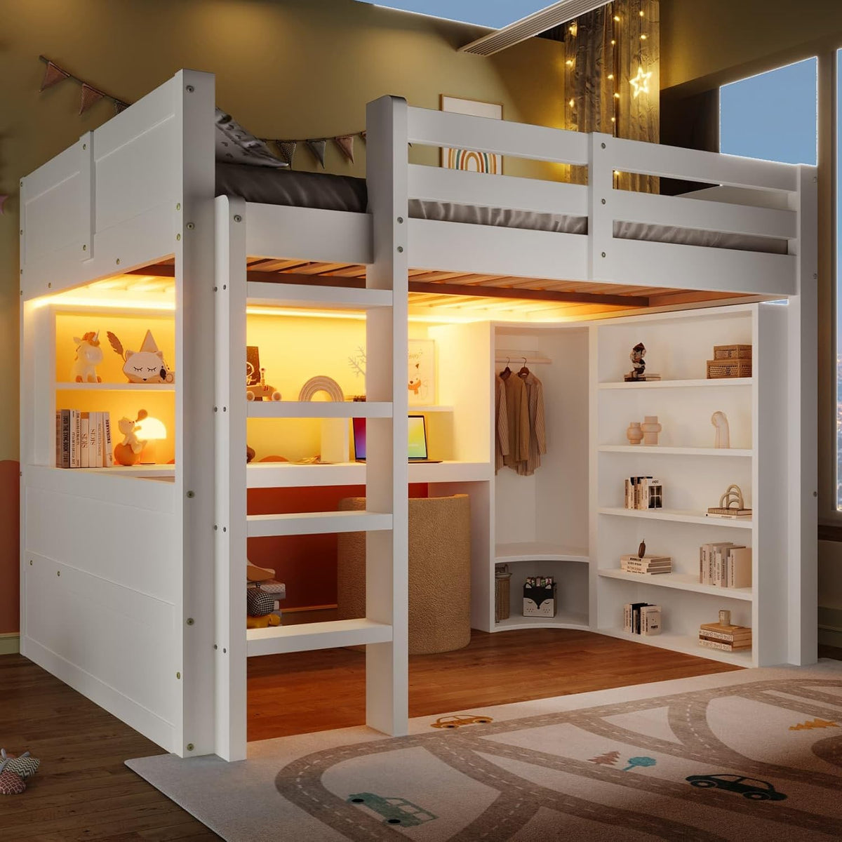 Cadre de lit, Lit Mezzanine 2 Places avec éclairage LED, Bureau, EURHCIO, 140 × 200cm, 3 Tiroirs, 11 étagères, Blanc, commande tactile, Penderie