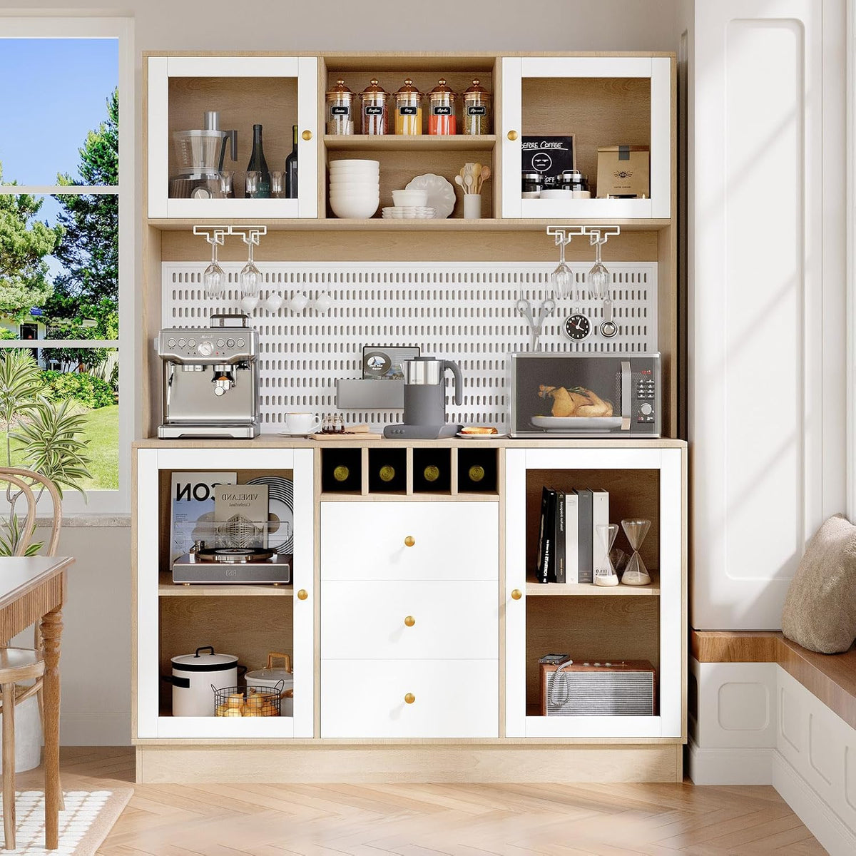 Buffet DHHU, 4 portes, verre, éclairage LED, Armoire de Salon Moderne, réglable, Meuble de Rangemen avec éclairage LED