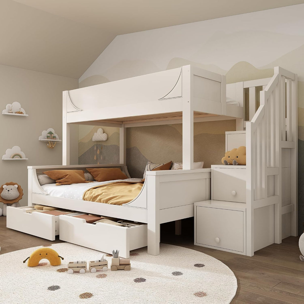 Lit, 90 × 200 cm, sans Matelas, Yihomfy, 140 × 200 cm, 140 × 200cm, Blanc- G, Escalier de rangements, Barrières de sécurité, Structure Robuste