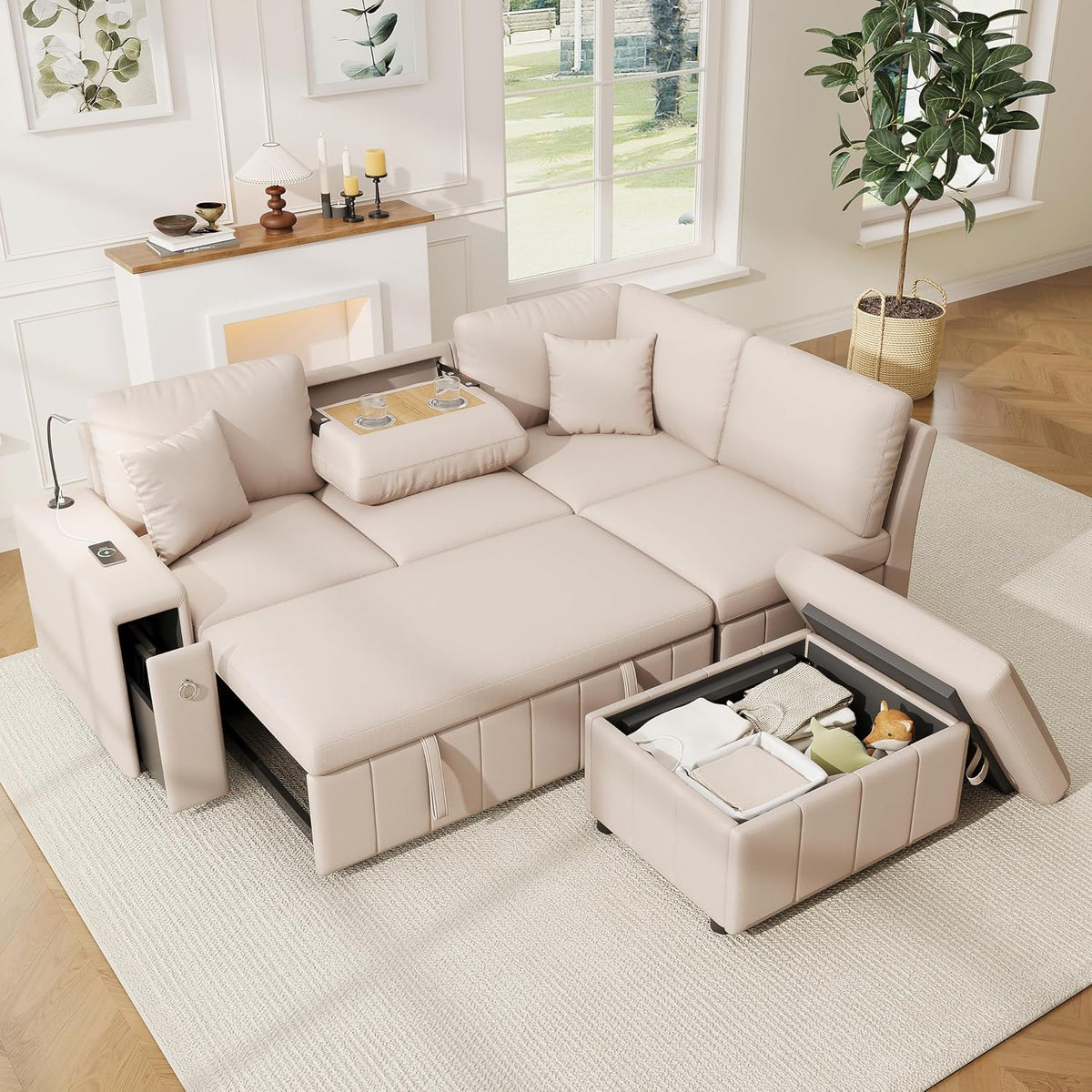 Canapé, 213 × 184 × 88 cm, acier inoxydable, Sapgaks, lampe de lecture et 2 coussins inclus, pouf de rangement, table basse pliante