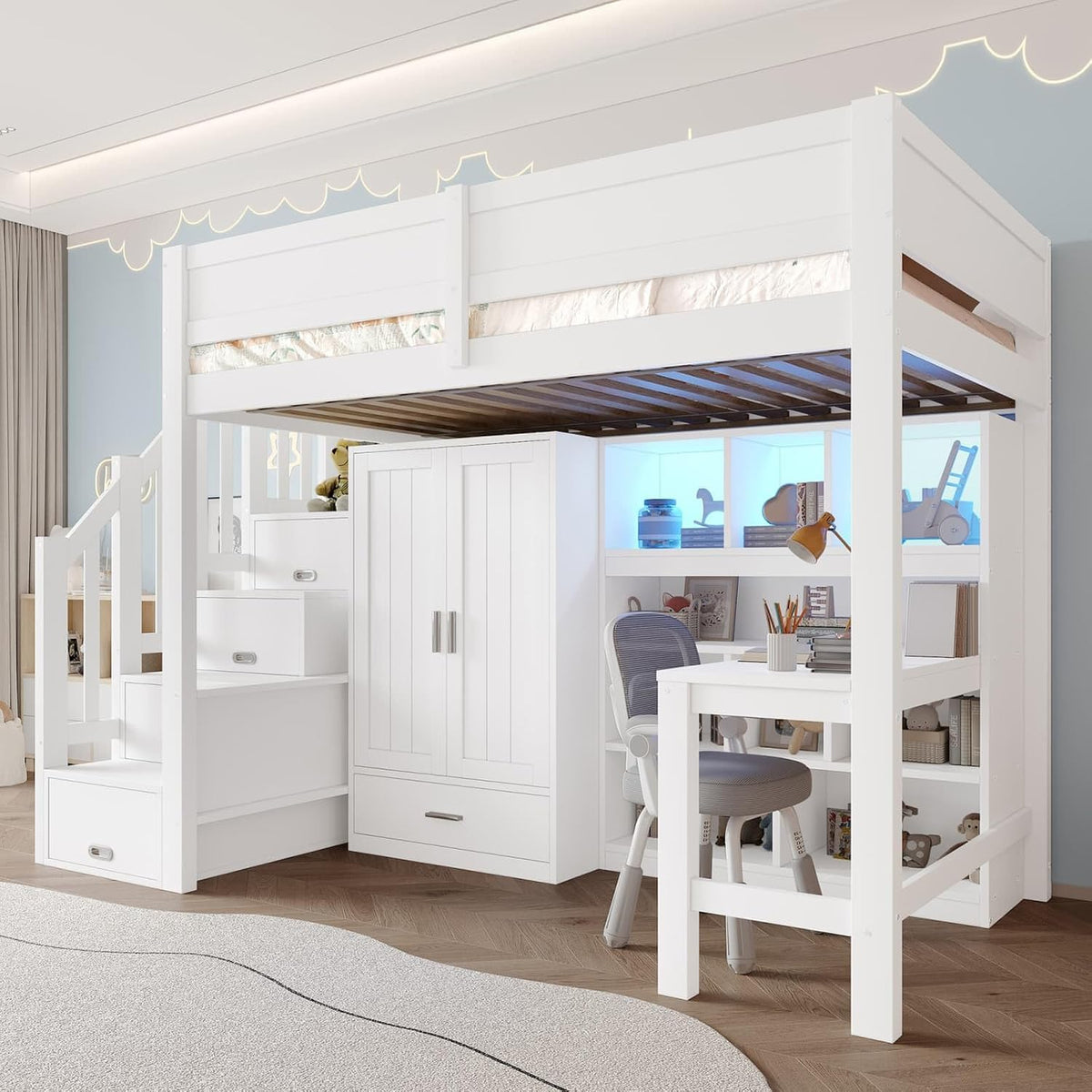 Lit, 253 × 95 × 170 cm, éclairage LED, pour Enfant Adolescent, PUGSDRLY, 3 cm, 90-Blanc-F, 90 × 200cm, 15cm, 120kg, réglable