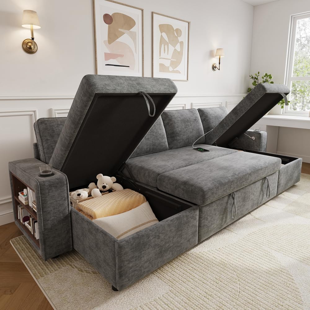 Canapé, 270 × 125 × 86 cm, télécommande, Sapgaks, Gris-1, avec Porte-gobelet, Port de Chargement USB et Tablette d'accoudoir