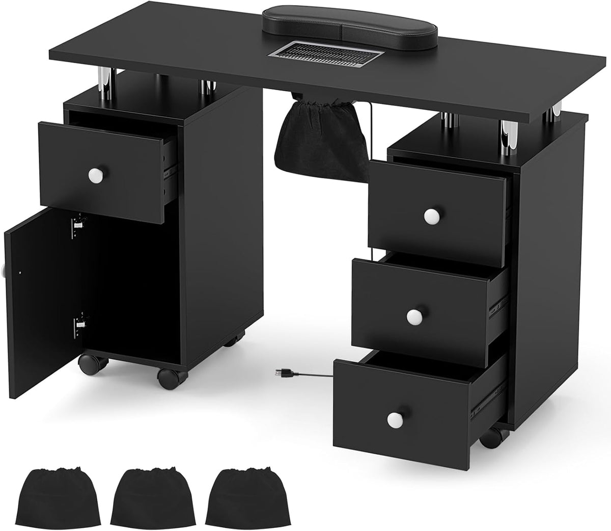 Table de manucure, Bureau Onglerie avec 8 Roues, acier inoxydable, DREAMADE, 4 tiroirs, 3 Sacs à Poussière, réglable, Noir, portable