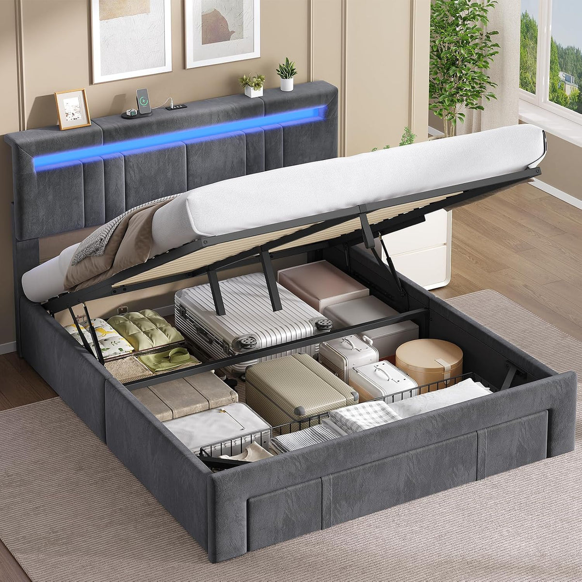 Cadre de lit AOGLLATI 140x190, éclairage LED, 840 L, 95 cm, 25 cm, réglable, Velours Gris Foncé