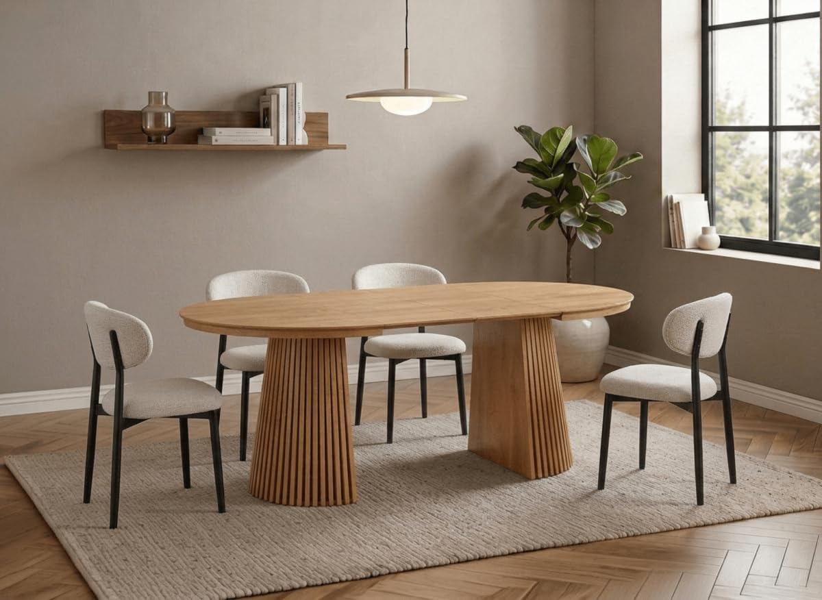 Table basse DecoInParis 120-200cm, Table à Manger Ronde Extensible en Bois Clair 120-200cm HEKA, pliable
