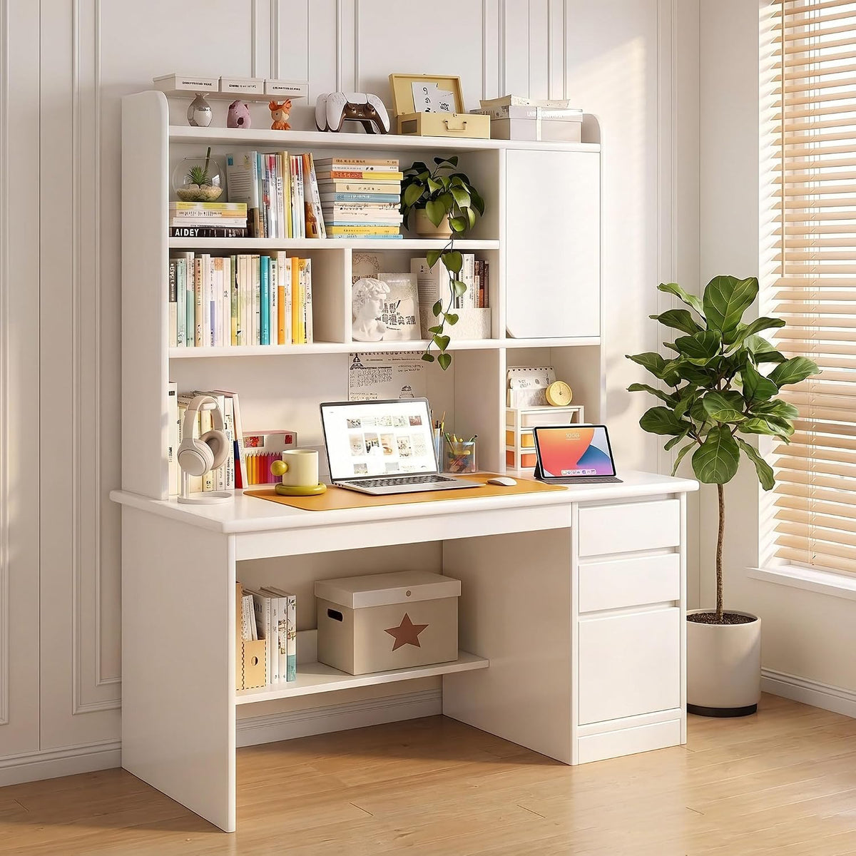 GJVBGA Bureau, 120 × 45 × 165cm, 4 étagères, Couleur:Blanc, portable