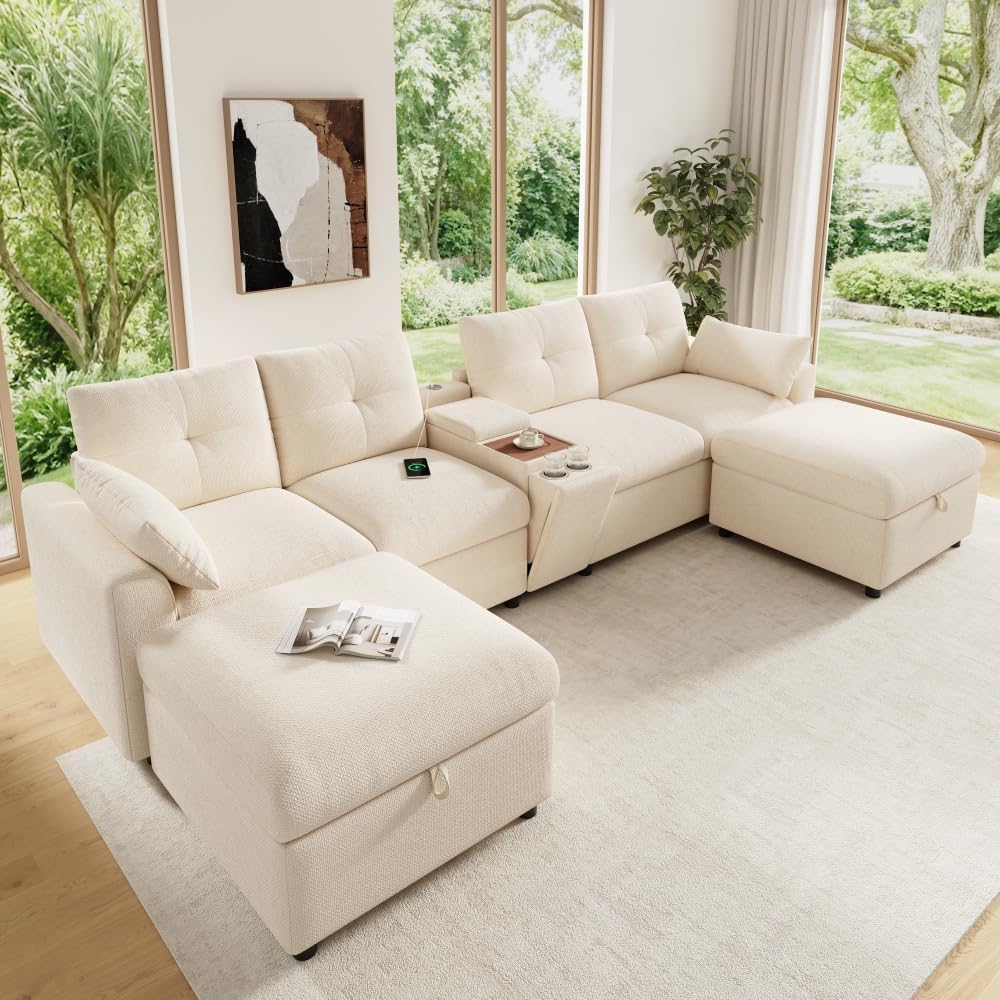 Canapé, 316 × 140 × 84, 5 cm, avec 2 tabourets de Rangement, Sapgaks, portable, Console Centrale, Rangement Rabattable et Porte-gobelets escamotables