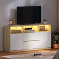 Meuble TV, 147 × 40 × 76 cm, télécommande, Hzuaneri, 65 pouces, éclairage LED, réglable, Blanc et Chêne