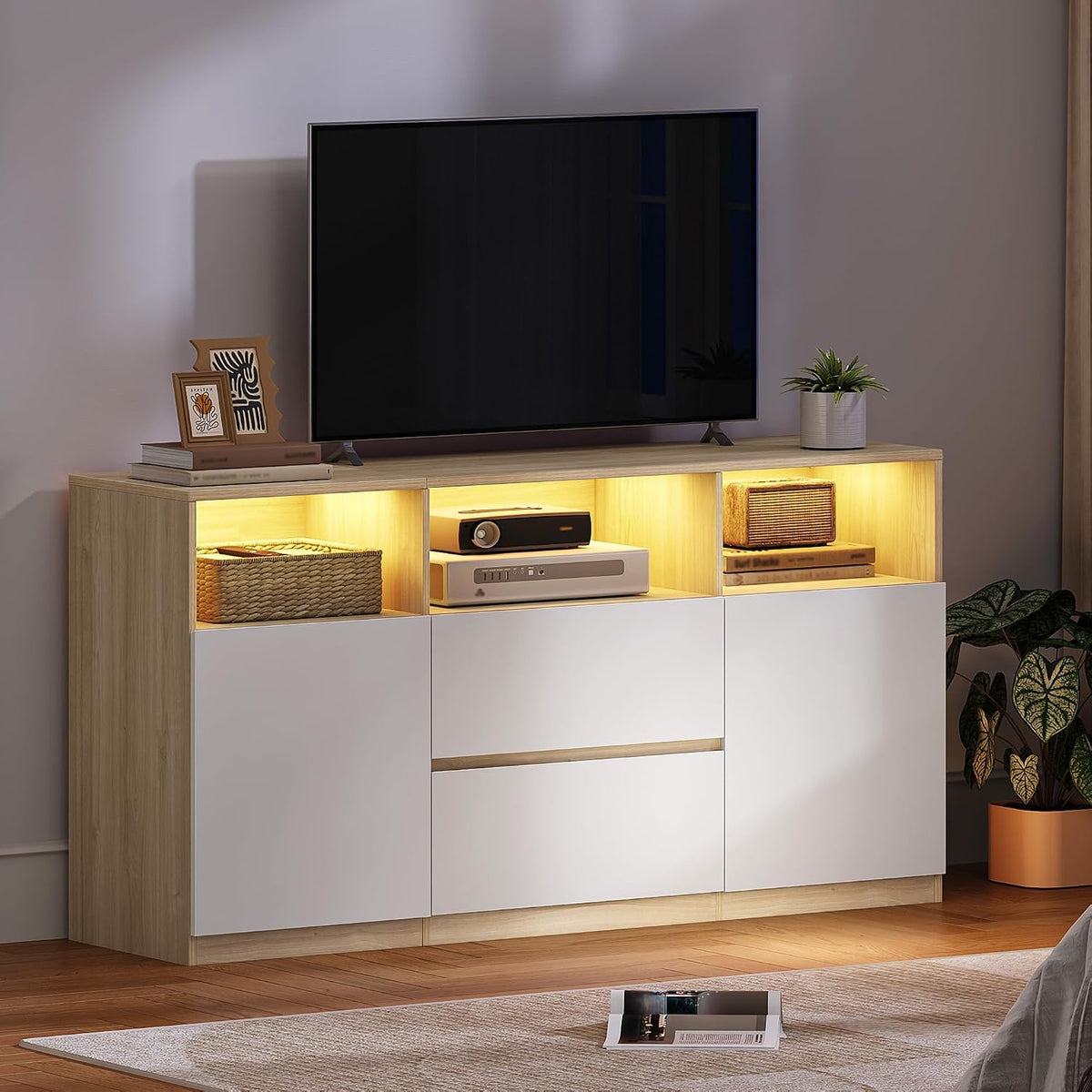 Meuble TV, 147 × 40 × 76 cm, télécommande, Hzuaneri, 65 pouces, éclairage LED, réglable, Blanc et Chêne