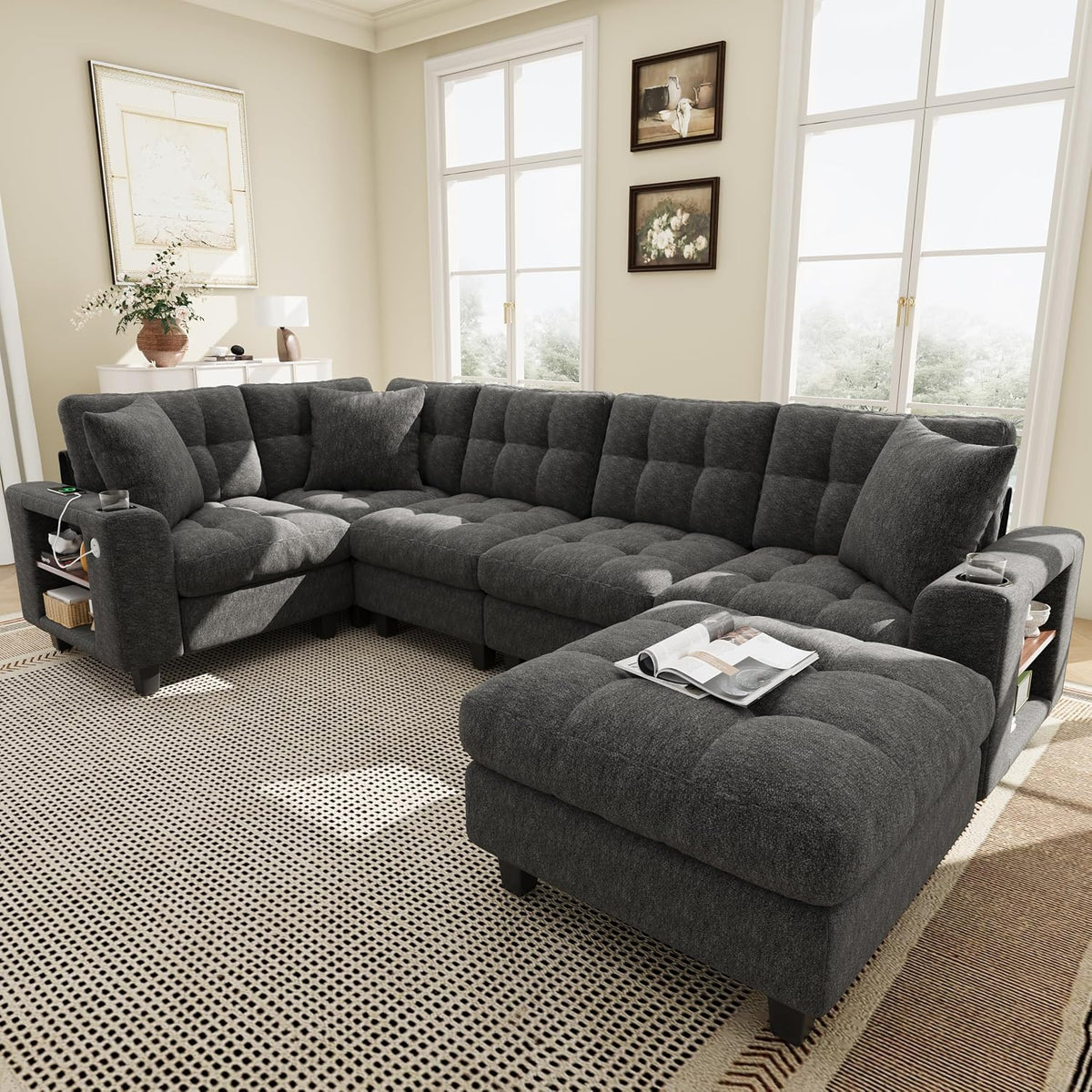 Canapé, Pouf Amovible pour configurations en L et en U, 216, 5 × 216, 5 × 83 cm, avec accoudoirs bibliothèque, Sapgaks, Gris, en Chenille