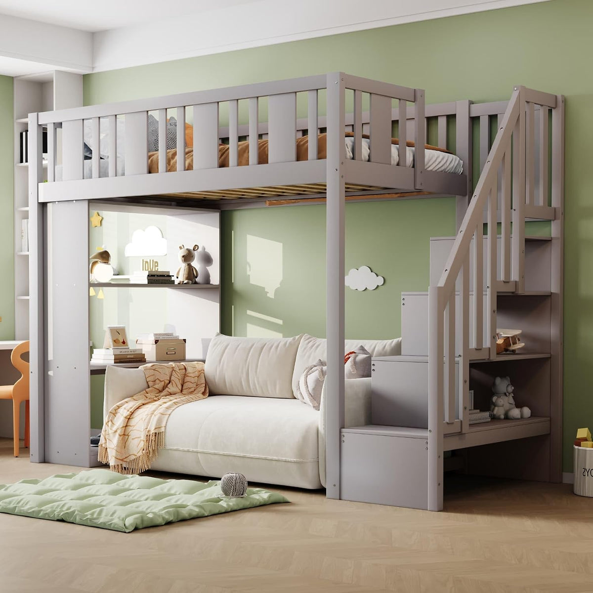 Cadre de lit YEHTOKHOME 90x200, lit Simple Moderne en Bois avec Espace de Rangement et Garde-Corps, 90 × 200 cm, sans Matelas, Gris