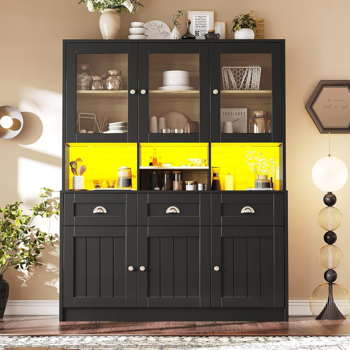 Buffet PUGSDRLY 140x40x175cm-Noir, 140 × 40 × 175cm, éclairage LED, Salon et Salles à Manger, 6 Portes, 3 Tiroirs, réglable, Vitrine