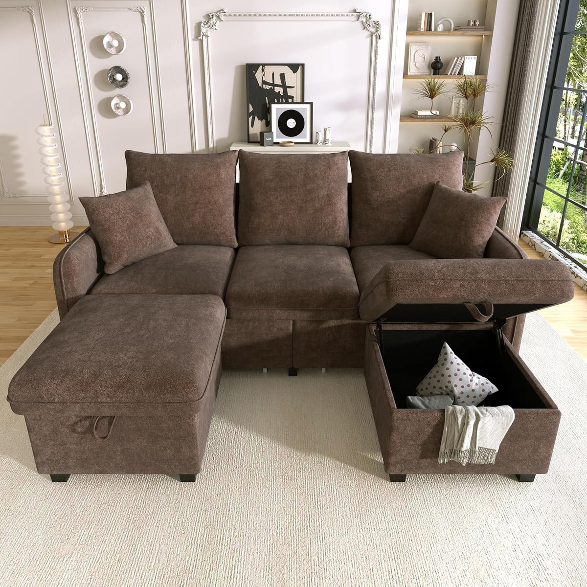 Canapé DHHU, pour Salon, 188cm, télécommande, 2 Tiroirs, Coussins Confort, APT et Bureau, Brun Antique-F