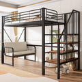 Lit, Avec canapé rembourré amovible, 90 × 200 cm, Cadre en métal, Merax, 140 cm, Noir, sans matelas, Escalier de rangement