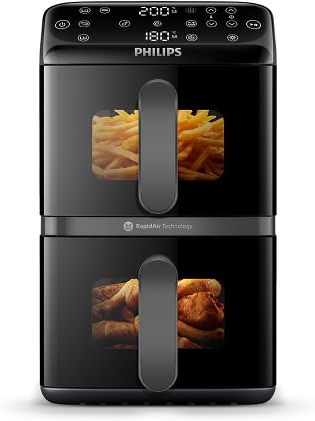 PHILIPS Friteuse sans huile, 13 modes, 5 L, 10L, Airfryer 4000, Friteuse à air VerticalDuo 10L, 5+5, Noir, commande tactile