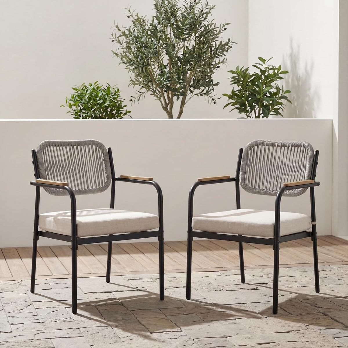Chaise, 2PCS, 2PCS Fauteuil Jardin, Corde Tressée, Beige, Ya-Home