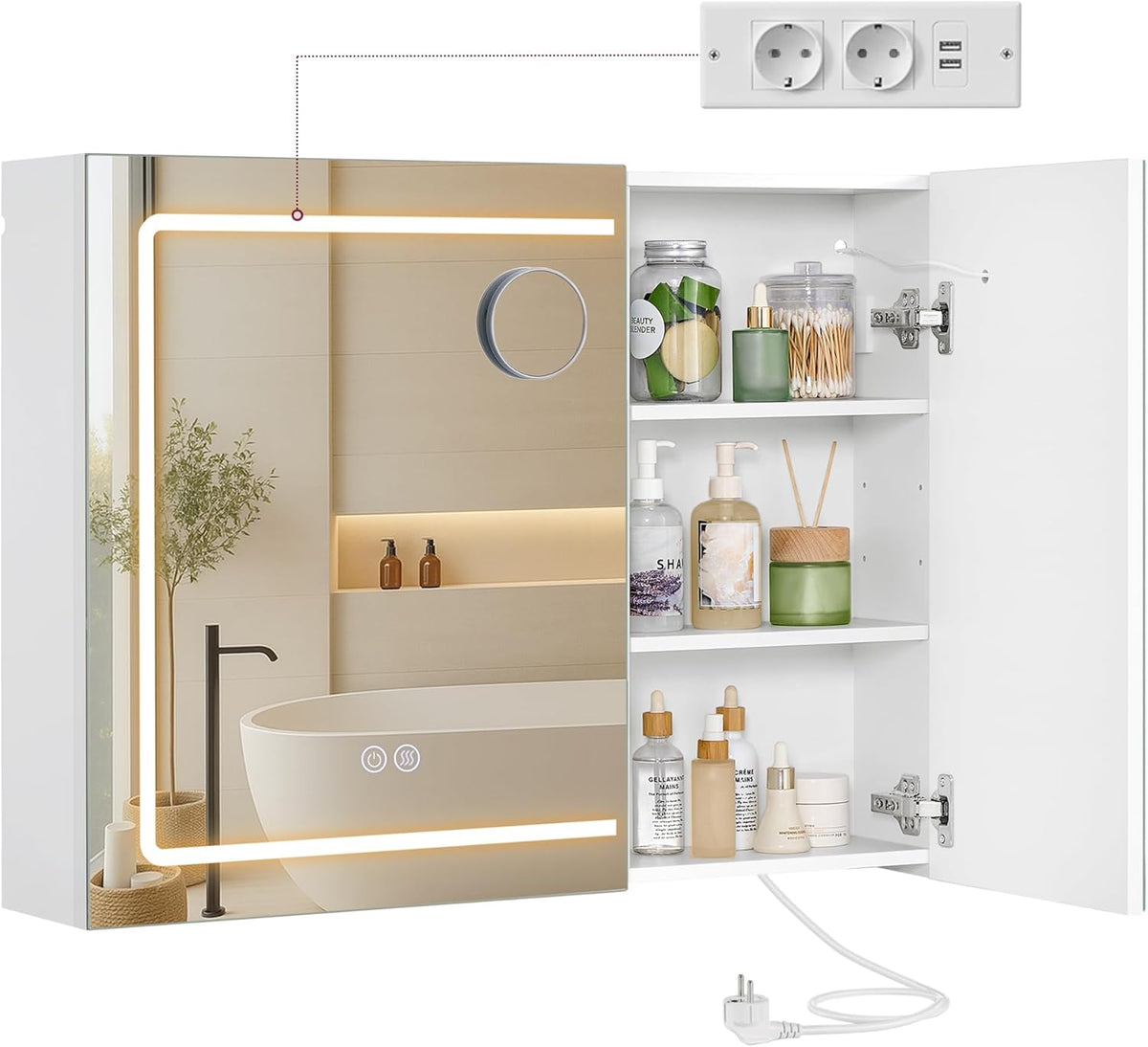 Armoire, 3 étagères, éclairage LED, VASAGLE, réglable, Multiprise