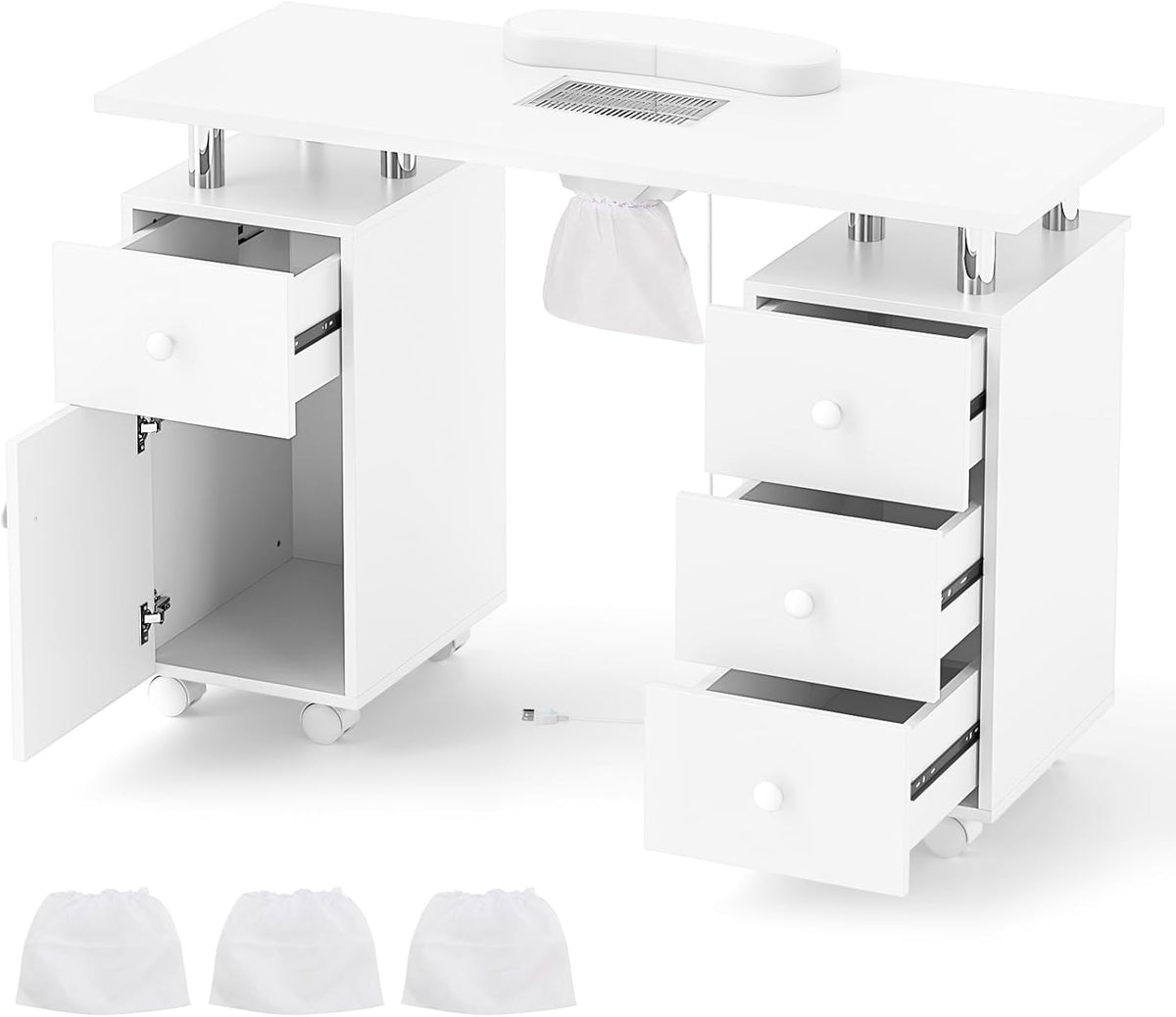 Table de manucure, acier inoxydable, Bureau Onglerie avec 8 Roues, DREAMADE, 4 tiroirs, 3 Sacs à Poussière, réglable, Blanc, portable, Spa