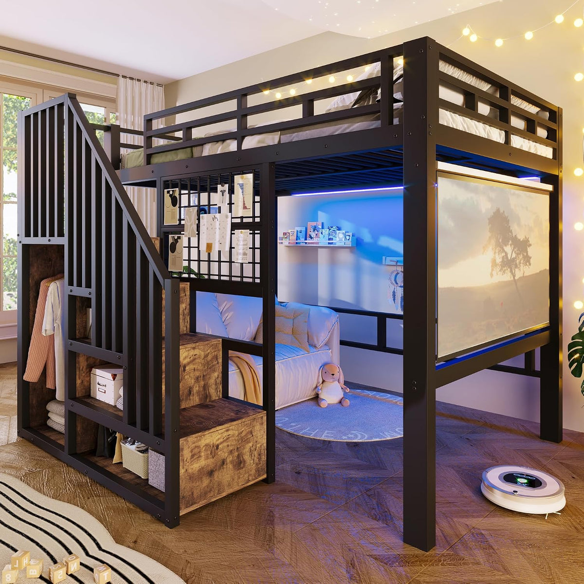 Vidéoprojecteur, 140 × 200 cm, éclairage LED, lit à Cadre en métal avec Projecteur pouvant être Suspendu, Zepneiy, 204 × 191 × 170 cm