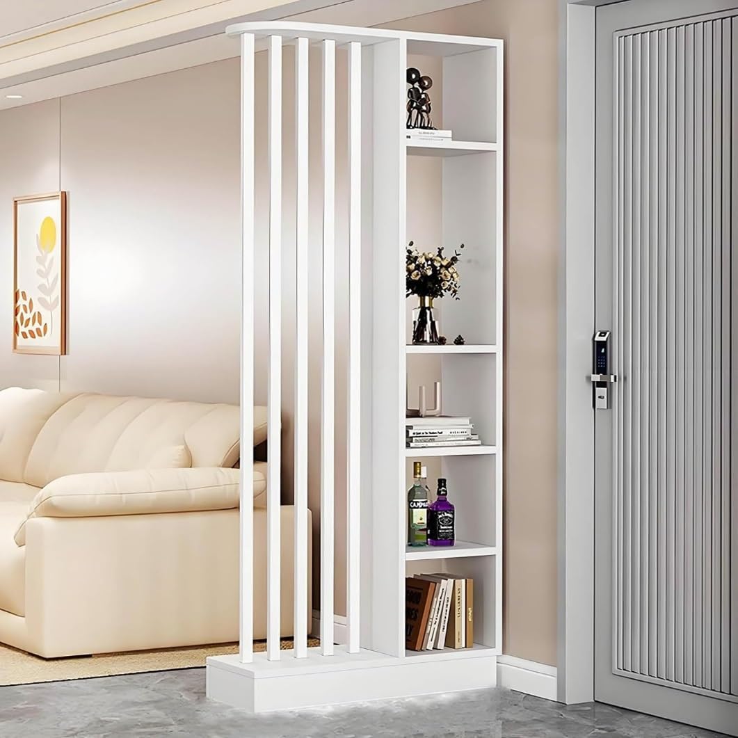 Paravent, Séparateur de pièce en bois avec étagères, étagère pour la maison et le bureau, finition chêne gris, pose libre, étagère de rangement