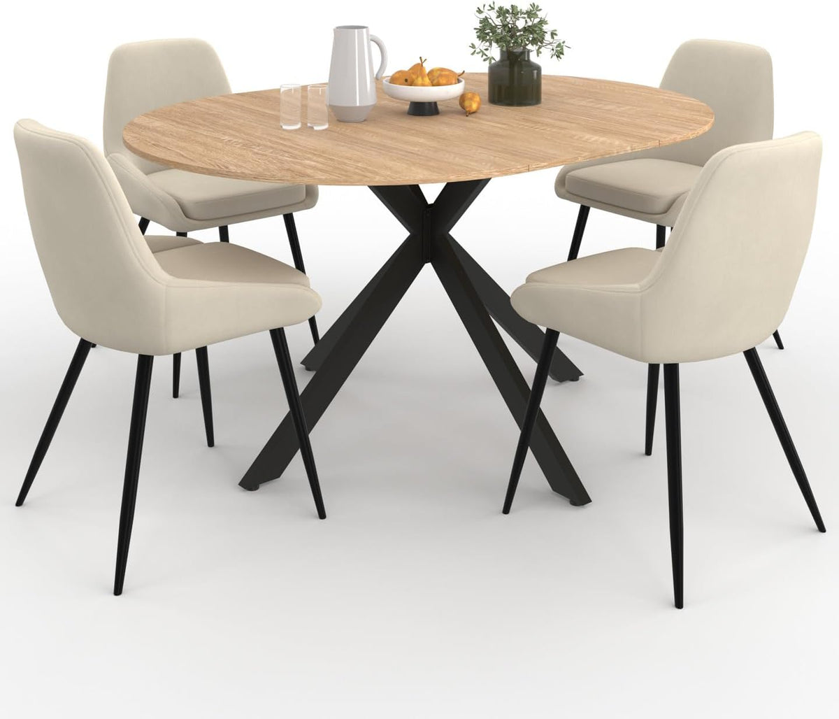 IDMarket Ensemble pour salle à manger, 150 cm, 110 cm, 76 cm, 79 cm, 40 cm, 45 cm, Ensemble Table à Manger Extensible Ronde Alix et 4 chaises