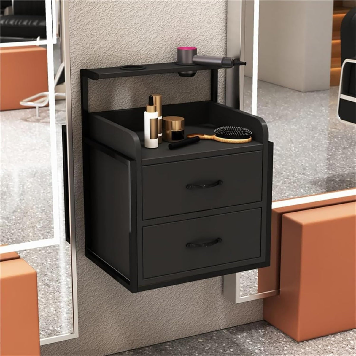Sèche-cheveux, armoire suspendue pour salon et barbier, espace de rangement peu encombrant avec espace de rangement, 2 tiroirs, SanBouSi, noir