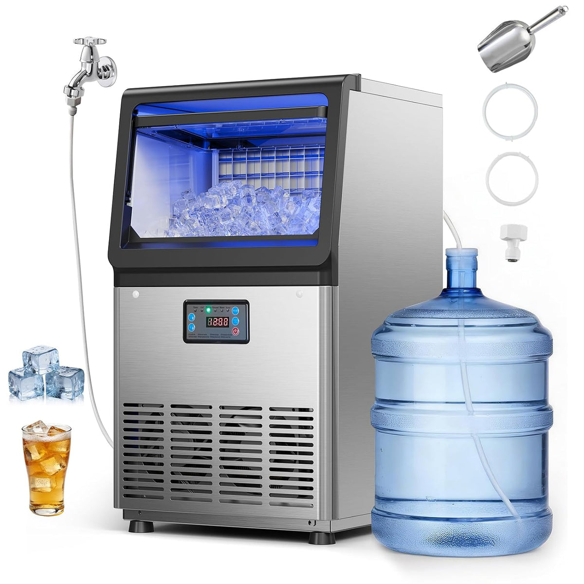 Machine à glaçons VEVOR, acier inoxydable, éclairage LED, 41 kg, Pour Restaurant Bar Café Bureau Maison, 6 kg, 22 mm, Affichage LED, minuterie