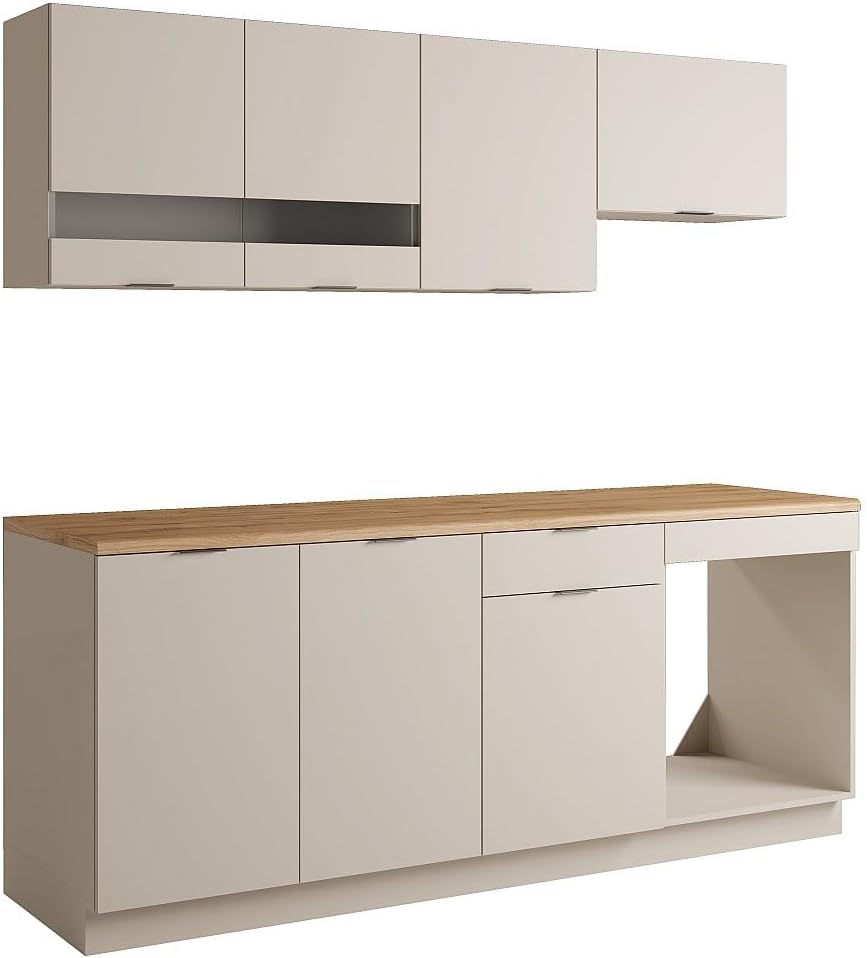 Cuisinière, avec Plan de Travail 200 cm, Cuisine compléte, Vente-unique, 2 portes, 1 étagère, 1 porte, 1 tiroir, Beige et Naturel, CARMEO
