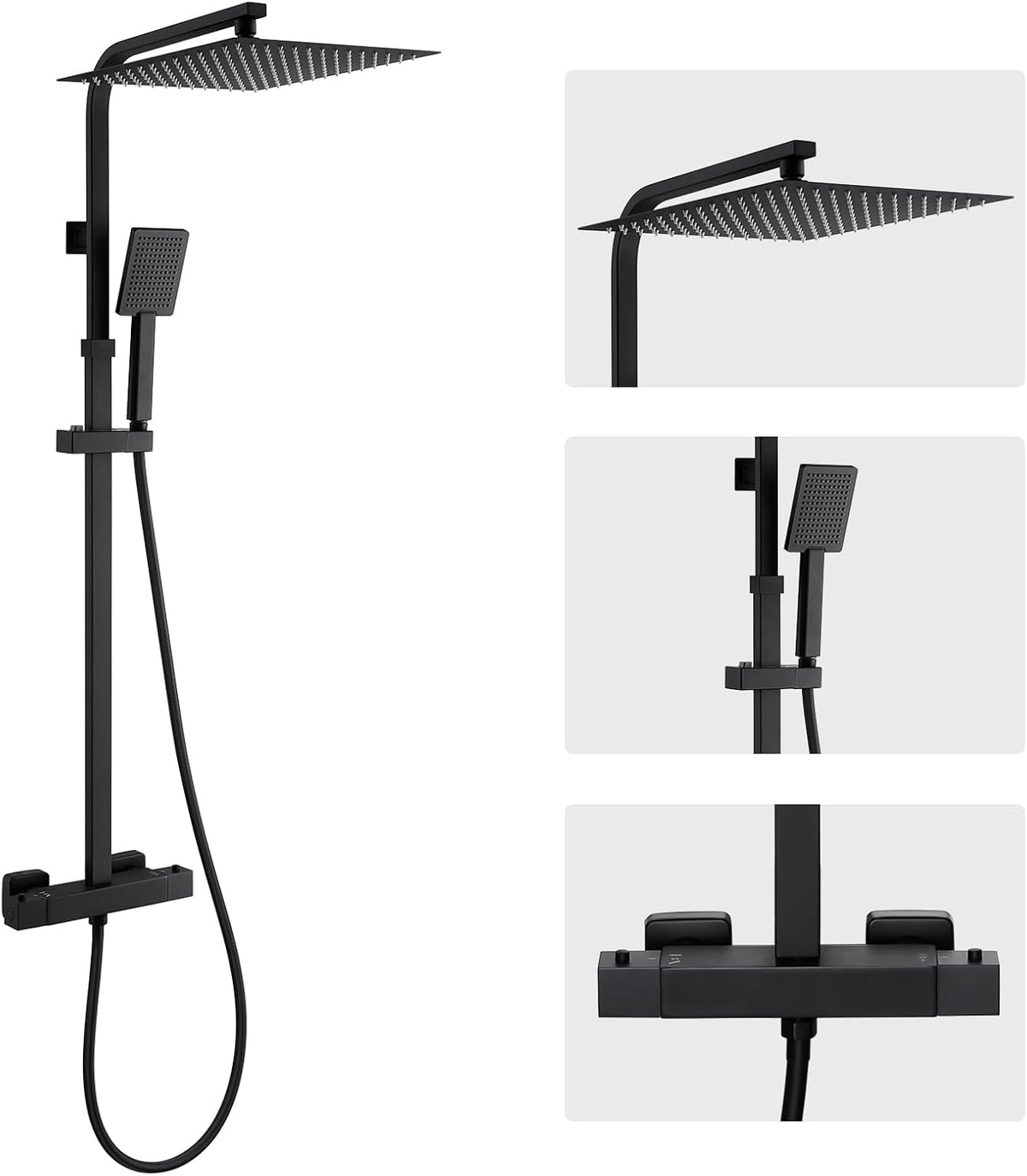 Système baignoire et douche, réglable, 124 cm, Auralum, 30 × 30cm, 38°C, 15cm, Colonne de Douche Noire Thermostatique avec Mitigeur en Laiton