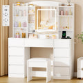 Coiffeuse ANWBROAD, éclairage LED, 110 cm, verre, 40 cm, 9 tiroirs, 7 étagères, 2 étagères, Plateau en Verre, Prise
