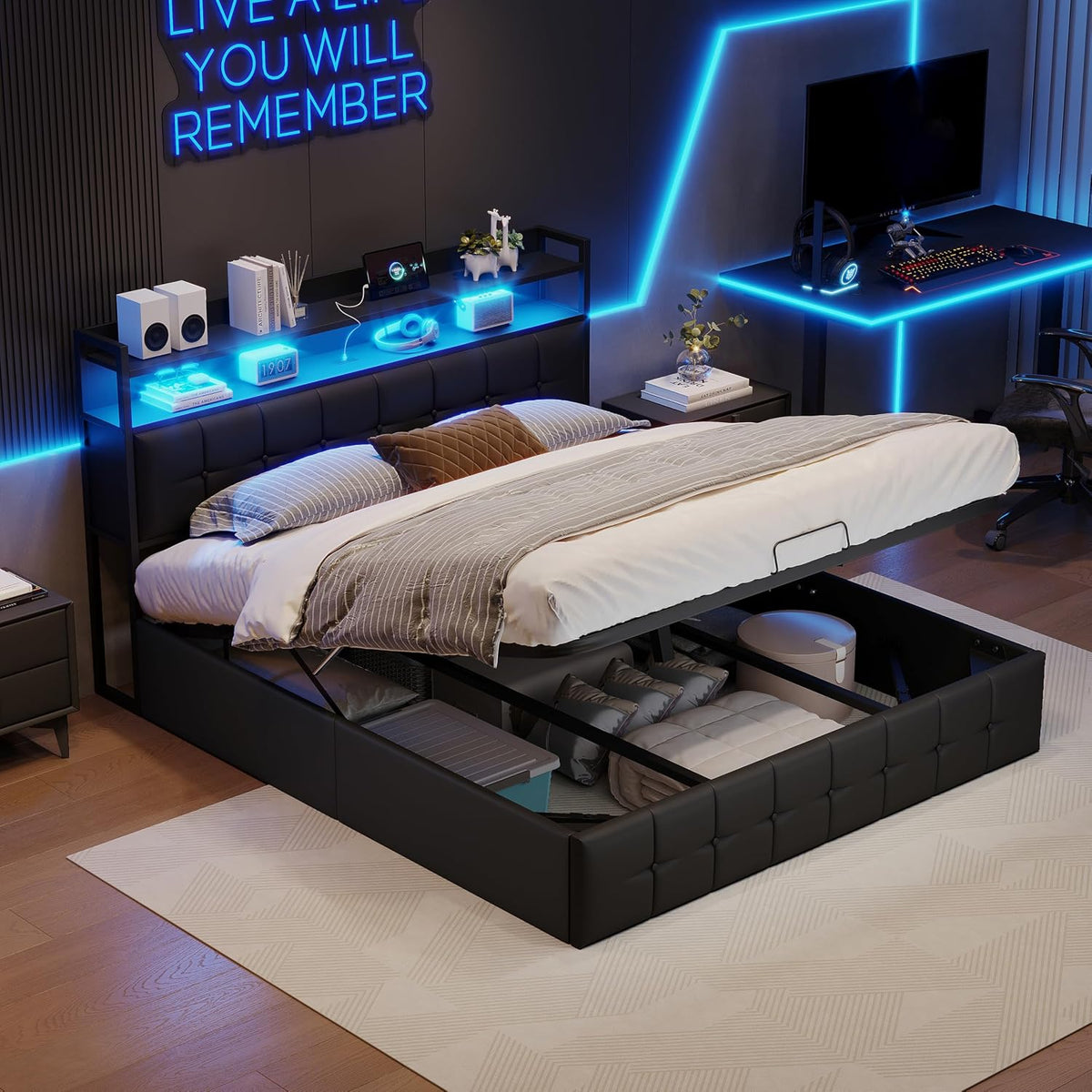 Lit, éclairage LED, 140 × 190 cm, LIVLUX, réglable, Noir