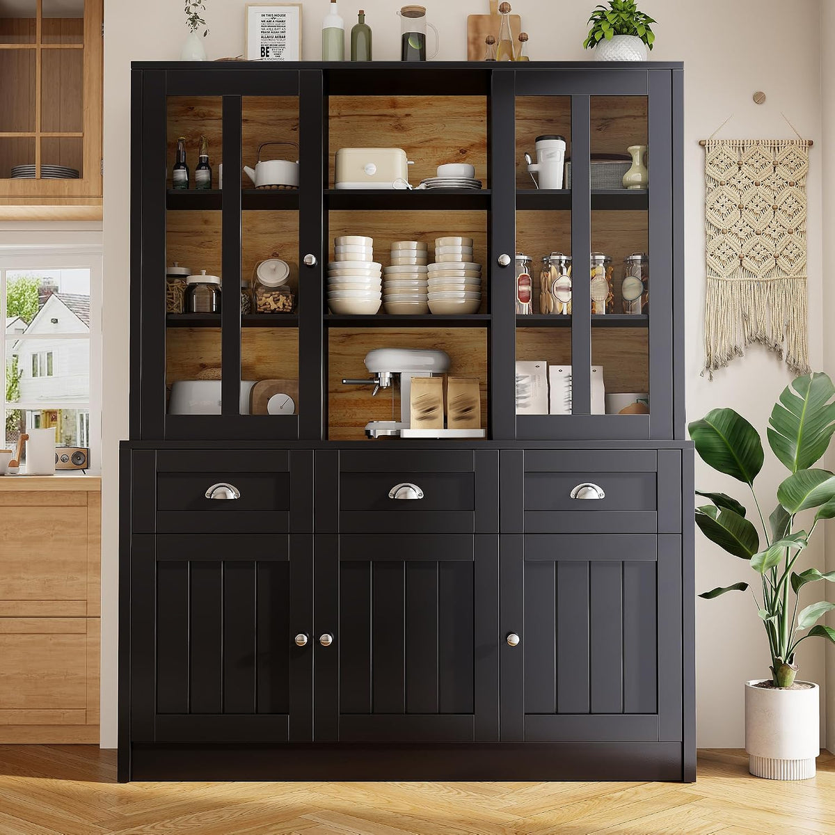 Buffet, Meuble de Cuisine avec Tiroirs, 140 × 175 cm, Yihomfy, Noir, pose libre, Armoire de Cuisine Haute, Vaisselier Moderne Minimaliste