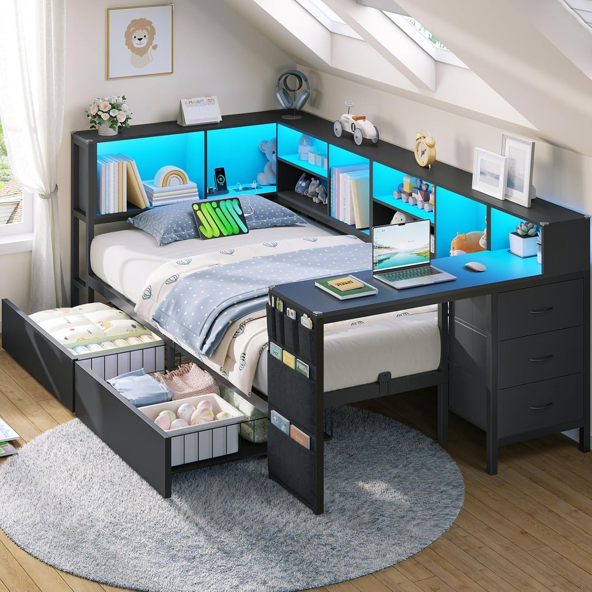 Cadre de lit Brinlawb 90x200cm, Bureau et Tiroirs de Rangement Intégrés, 90 × 200 cm, éclairage LED, 35 × 107 cm, 90 × 200cm, 2 tiroirs
