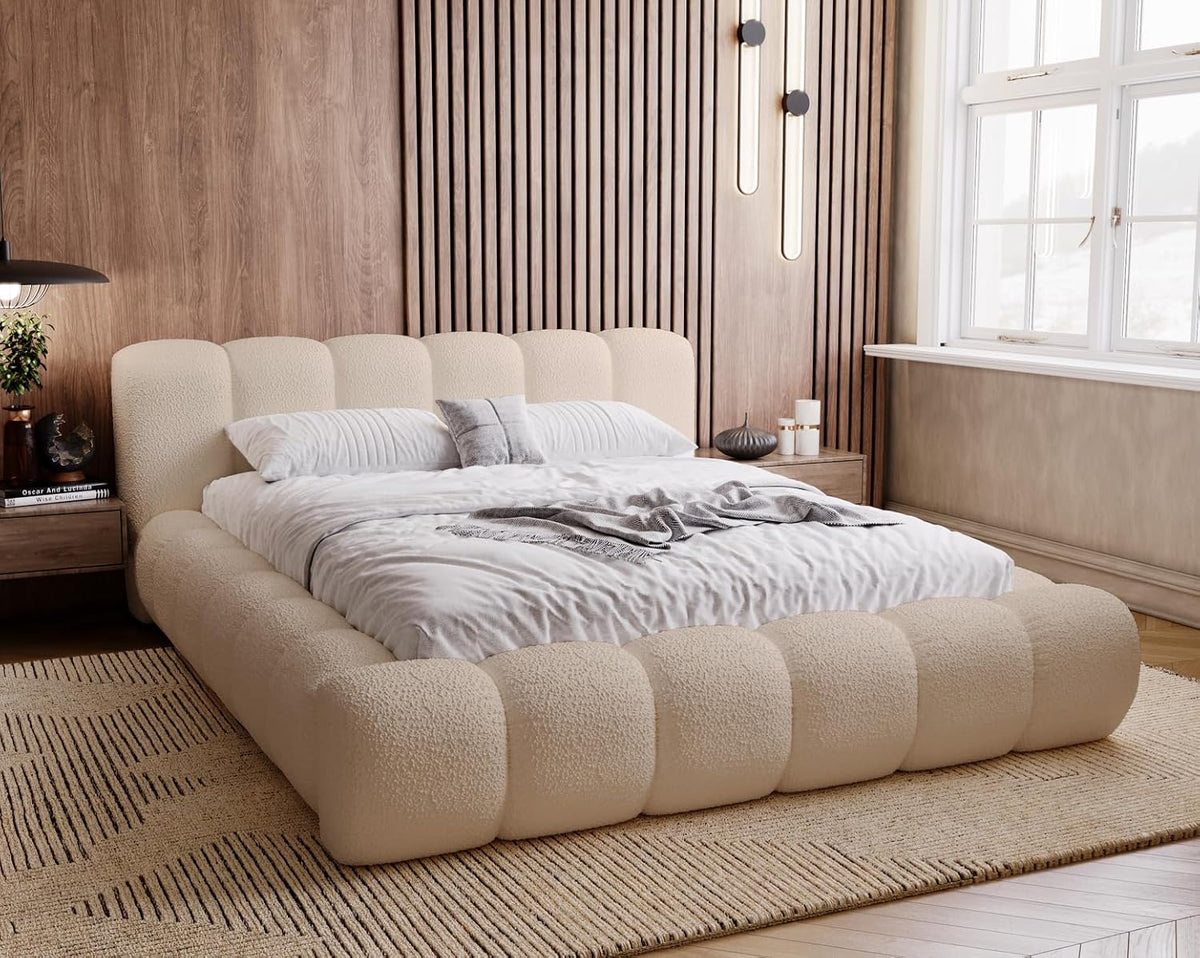 Lit Emporius 180x200 180x200, 180 × 200 cm, Tissu bouclé Beige, 222 cm, 245 cm, 88 cm, Anthology 3, Sommier à Lattes