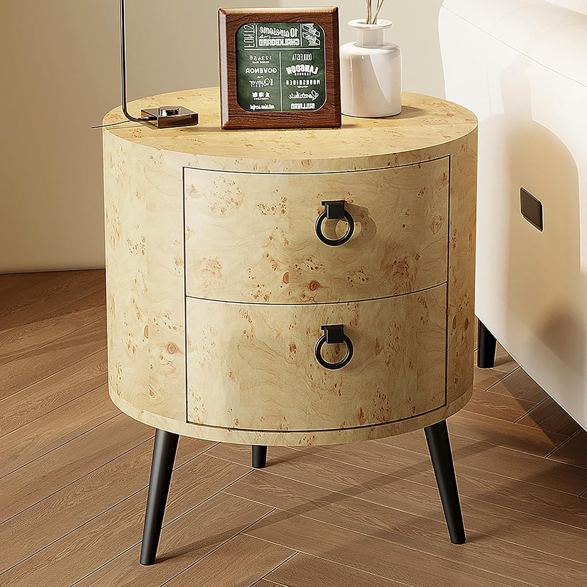 Canapé, Table d'appoint Bois, 47 × 47 × 55 cm, télécommande, Table de Nuit pour Salon, OPULENTHOME, 2 tiroirs, Blanc, Chambre