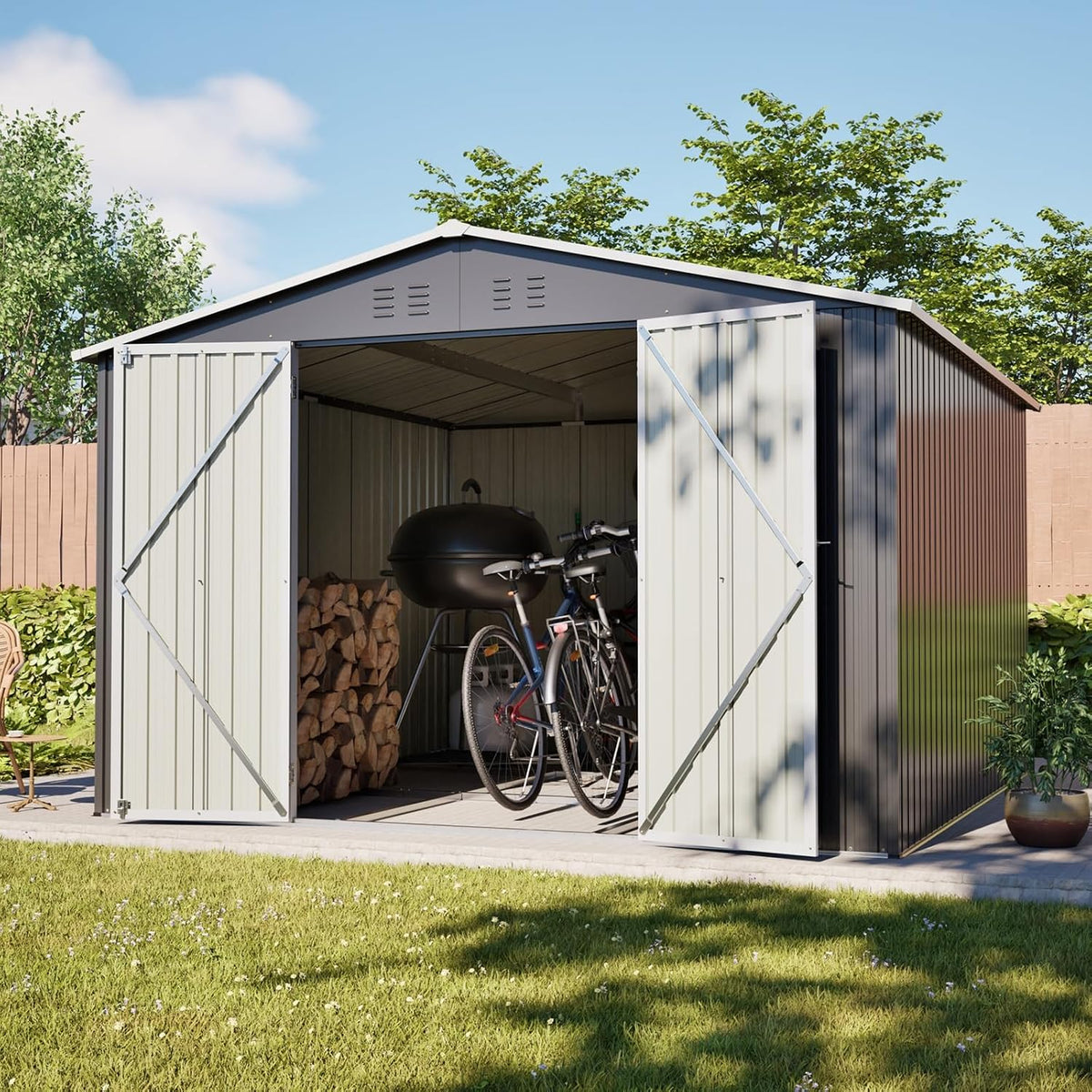 Coffre de jardin, Abri de Jardin en Métal avec Cadre de Plancher, KOMHTOM, Cabanon de Jardin Extérieur Imperméable avec Portes Verrouillables, Gris