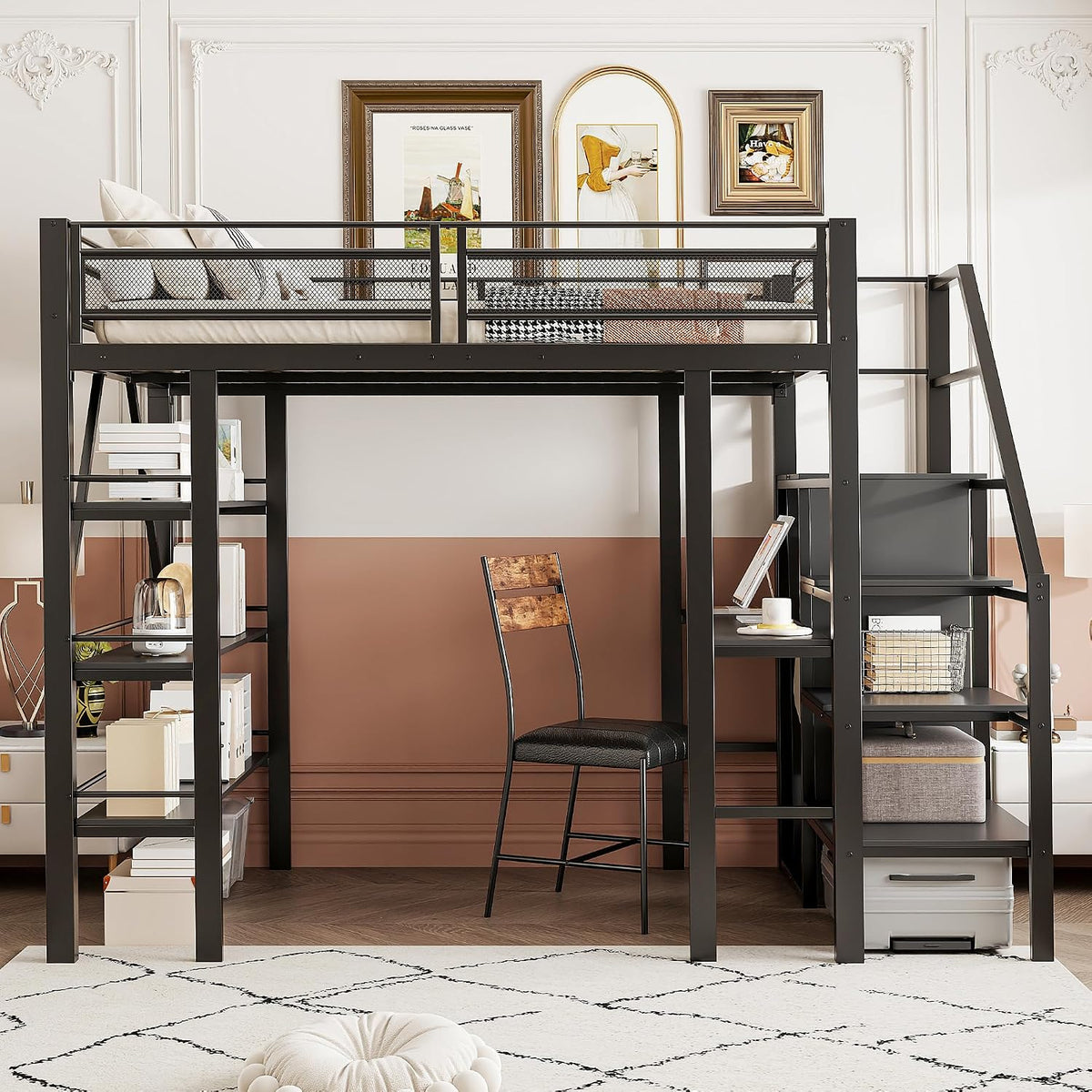 Lit, 140 × 200 cm, Hochbett Eisenbett avec Bureau, ModernLuxe, 3 Niveaux, 3 Niveaux de Rangement, Noir, sans Matelas