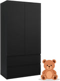 Armoire, 180 × 90 × 50 cm, Rangement Chambre Enfant, meble masztalerz, 90 cm, 2 Tiroirs, 2 portes, Noir, Penderie Vetement Dressing